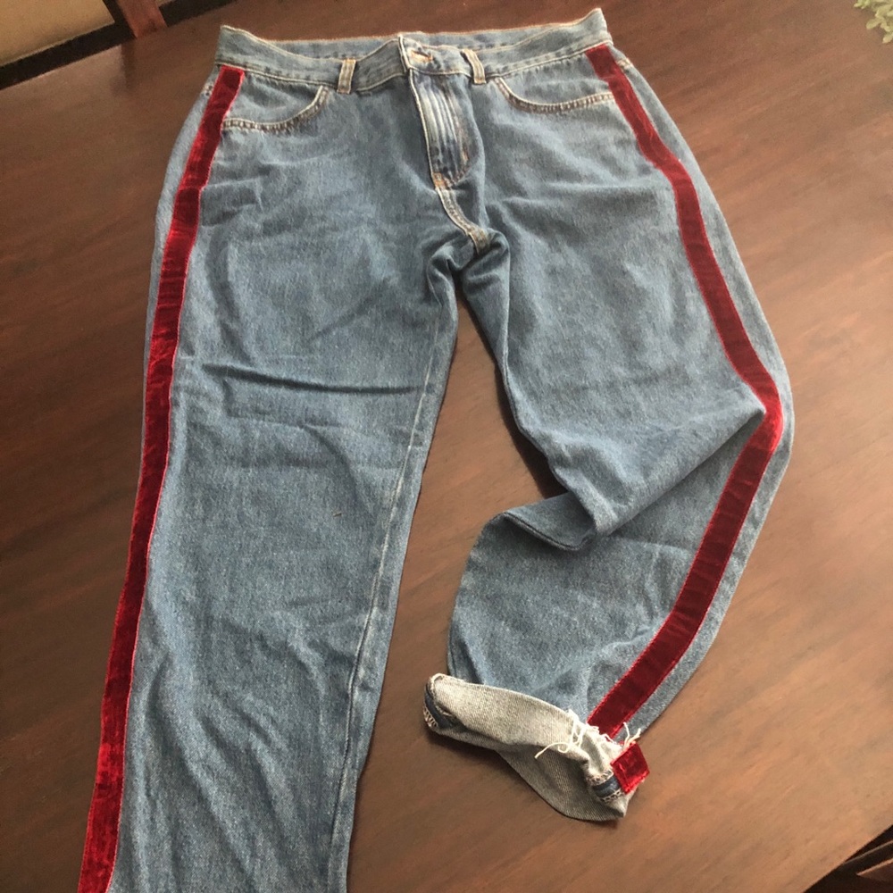 Cropped Jeans with Red Velvet Stripe Down Each Leg